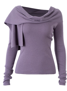 PynkiSwear 鼠尾灰/烟紫色围巾式堆堆领修身毛衣女显瘦长袖针织衫