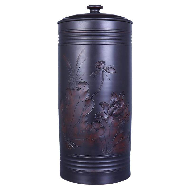 建水紫陶浮雕直筒21饼缸茶叶罐