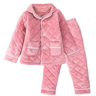 女童睡衣秋冬装加厚款三层夹棉袄亲子家居服套装法兰绒儿童睡衣男