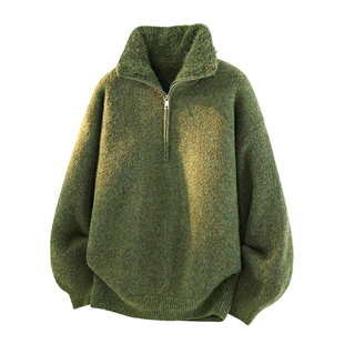 拉夏贝尔鹿驼绒半拉链毛衣冬季新年红色加厚保暖情侣针织衫男上衣