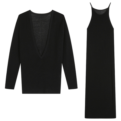 落落狷介黑色针织连衣裙女两件套