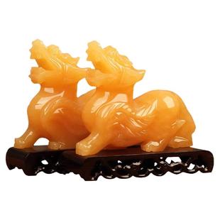 天然黄玉貔貅摆件公母一对玉石皮丘麒麟高端办公室装饰品开业礼物
