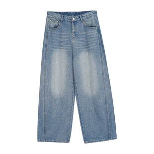 满天星烫钻重工牛仔裤女大码冬季加绒设计感显瘦带钻爆闪阔腿裤子