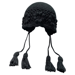 双层钩花流苏套头帽子女秋冬季手工钩织保暖护耳帽出游百搭包头帽