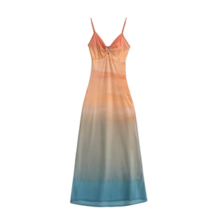 小菊川栗/灵雾迷迭裙 橙蓝渐变浪漫氛围清冷网纱新中式吊带连衣裙