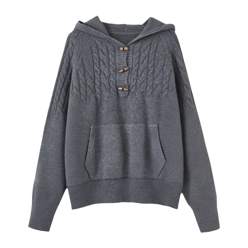 绮娑女装大码长袖套头连帽木扣麻花毛衣女冬季新款显瘦胖MM上衣女