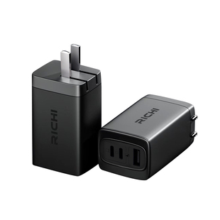 65W三口充电头USB氮化镓快充充电头国家3C认证RICHI雷奇原装适用苹果华为OV小米折叠插脚PD多协议多口充电器