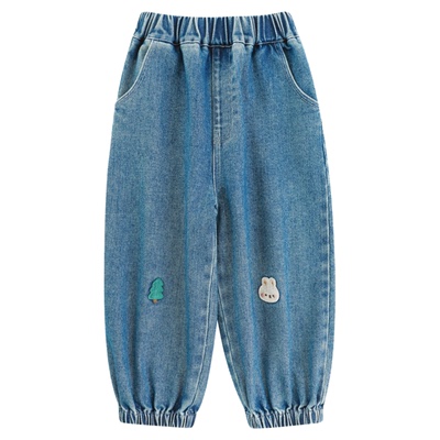 幼悠女童卡通绣标牛仔裤2025秋季童趣可爱防风保暖宽松复古灯笼裤