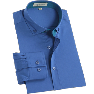 保罗弹力宝蓝色克莱因蓝长袖衬衫深蓝色宝兰色薄款工作服男士衬衣