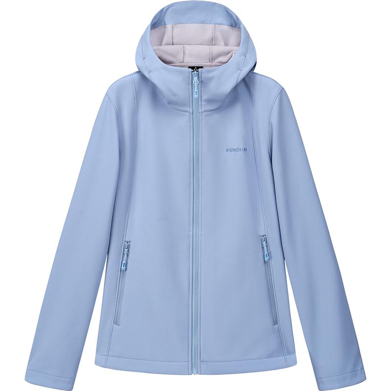 企鹅户外软壳衣女2026新款春夏连帽加绒外套三防徒步登山服运动服