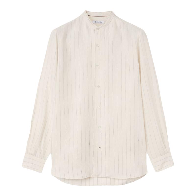 Loro Piana/诺悠翩雅男装条纹图案亚麻白色圆领长袖衬衫