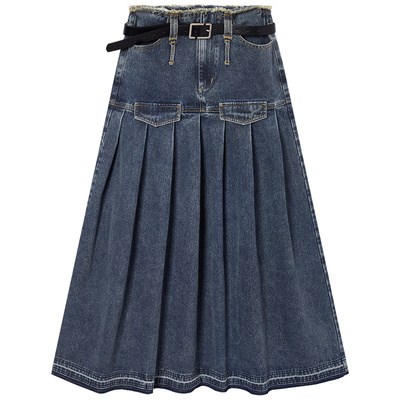 Eptison双腰头毛边百褶长裙