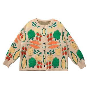 针织开衫BUDENGSHI少女毛衣蔬果提花外套撞色2024秋冬慵懒毛衣