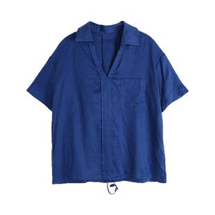 蓝色短袖亚麻衬衫女夏宽松下摆抽绳休闲 v领高级感法式松弛感上衣