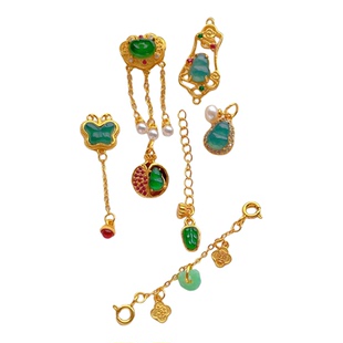 24K包金保色配件镶天然翡翠葫芦如意叶子小佛蝴蝶桂花隔珠吊坠diy