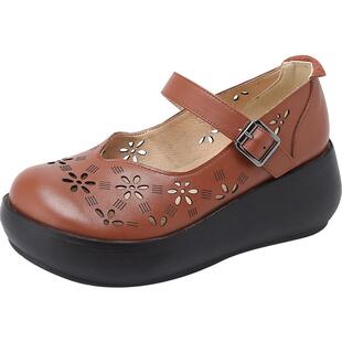 2025夏新款原创头层牛皮镂空浅口单鞋女圆头厚底高跟松糕女鞋皮鞋