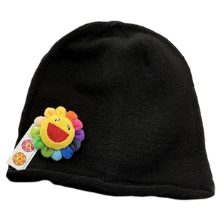 宅女同款带太阳花黑色冷帽卷边显脸小网红帽子女秋冬毛线帽堆堆帽