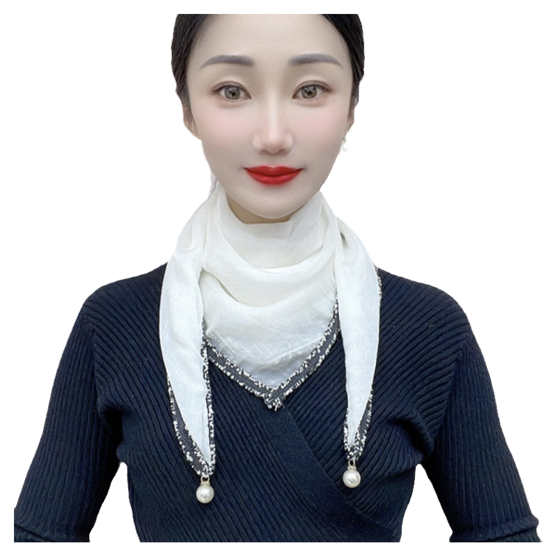 春夏护颈白色小方巾丝巾女2025新款花边百搭珍珠吊坠围脖围巾高端