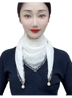 春夏护颈百搭珍珠吊坠小方巾