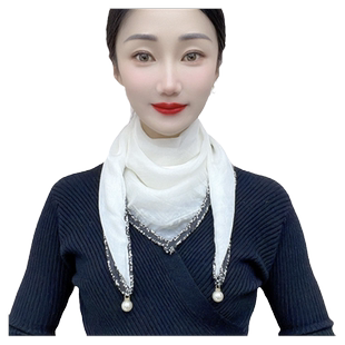 春夏护颈白色小方巾丝巾女2025新款花边百搭珍珠吊坠围脖围巾高端