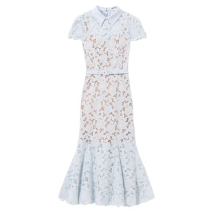 self-portrait 2026春夏新款薄雾蓝短袖翻领蕾丝连衣裙鱼尾裙