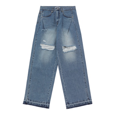 男女同款毛边破洞做旧牛仔裤