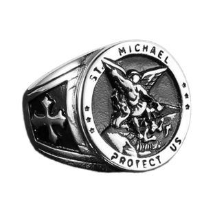 大天使圣米迦勒印章戒指欧美风嘻哈朋克男钛钢复古个性十字架指环
