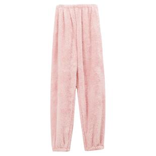 珊瑚绒睡裤女冬季加厚加绒长毛绒男长裤睡衣束脚裤粉色法兰绒裤子