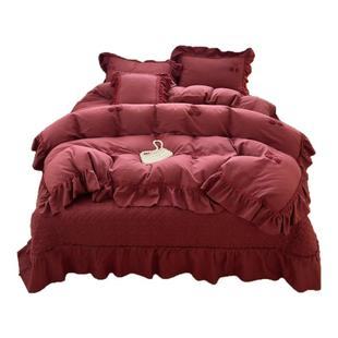 酒红色复古高级感全棉双层纱花边四件套樱桃结婚被套纯棉床盖床品