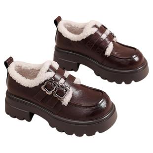 星期六真皮厚底乐福鞋女2025新款冬季加绒保暖棉鞋英伦风小皮鞋子