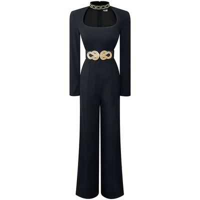 御姐范黑色修身显瘦连体裤女秋新款时尚轻奢挂脖方领长袖收腰长裤