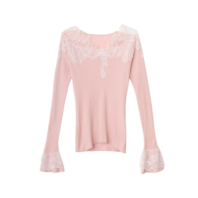 法式蕾丝拼接春季女长袖针织衫