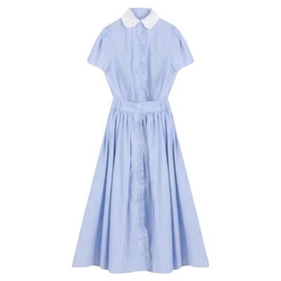 偷偷藏不住桑稚赵露思同款条纹衬衫连衣裙两件套蓝色木耳边套装裙