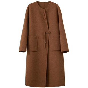 Amii新中式国风圆领双面呢大衣女冬2024新款宽松过膝长款毛呢外套