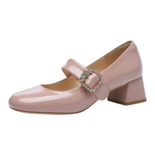 【粉红女郎】金利来玛丽珍鞋女粗跟春季新款女鞋真皮中跟浅口单鞋