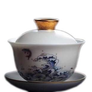 羊脂玉瓷盖碗手绘陶瓷功夫茶套装中国白瓷家用品茗杯主人杯公道杯