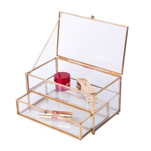 创意双层设计首饰盒欧式收纳盒珠宝透明复古展示柜玻璃铜色装饰盒