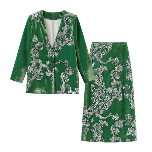 国风秋冬高端重工钉珠亮片新中式桑蚕丝气质外套半裙套装女 N1025