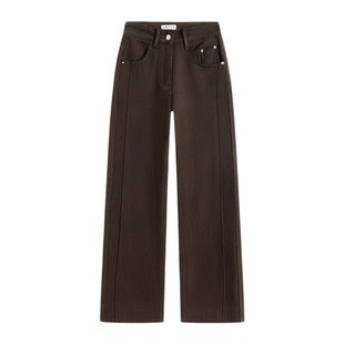 咖色加绒加厚直筒裤女冬季保暖遮胯显瘦弹力微胖窄版烟管牛仔裤