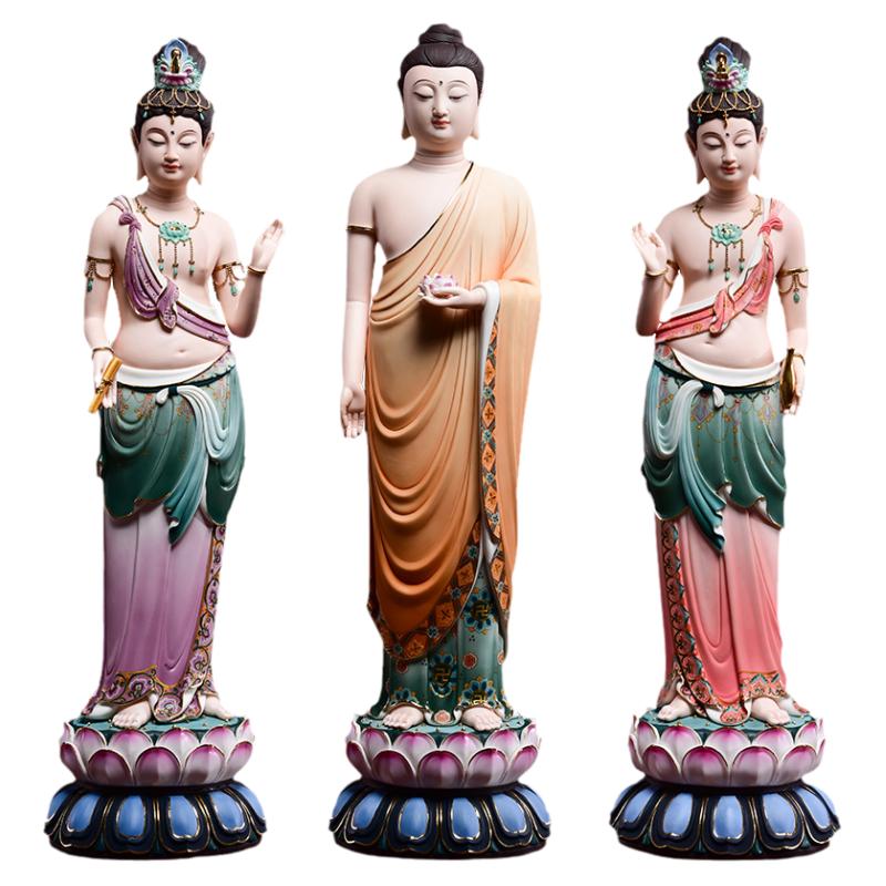 戴玉堂陶瓷摆件《白瓷西方三圣神像》林建平佛像客厅装饰艺术品