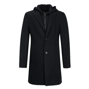 JODOLL乔顿男士中长款绵羊毛大衣冬季时尚休闲连帽拉链男毛呢外套