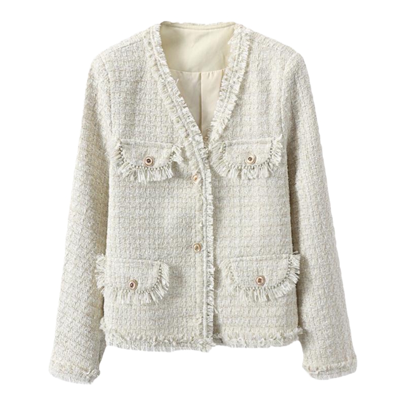 Basic House/百家好小香风毛边设计感外套女秋冬新款V领长袖上衣