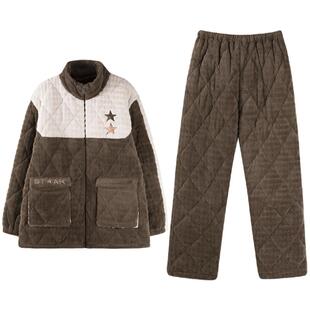 睡衣女秋冬季加厚加绒珊瑚绒三层夹棉法兰绒运动可外穿家居服套装