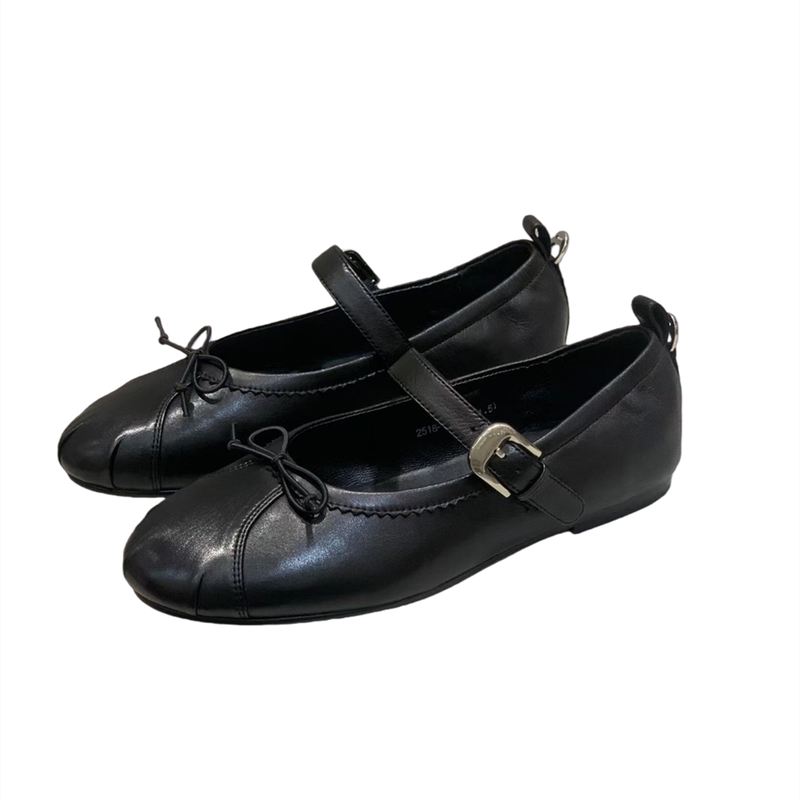 2026秋季新款复古蝴蝶结一字带玛丽珍鞋女真皮圆头平底芭蕾舞单鞋