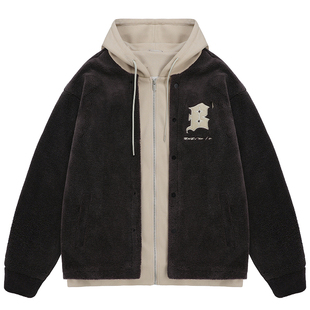 BJHG不计后果仿羊羔绒棉服男冬季加绒加厚假两件连帽防寒服外套女