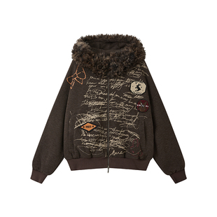 物理少年「兔园藏宝记」刺绣贴布连帽拼接毛料落肩慵懒卫衣外套