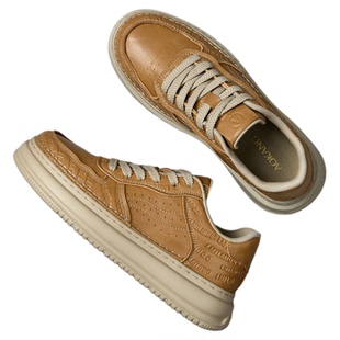 奥康麦黄色男鞋2026新款春季男士增高板鞋透气皮面潮流时尚休闲鞋