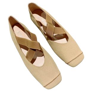 2025年新款温柔风晚晚鞋一脚蹬复古方头交叉带绒面平底单鞋豆豆鞋