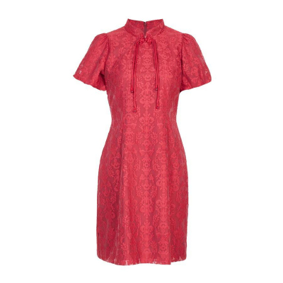 深红提花旗袍式连衣裙