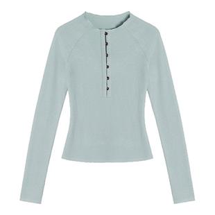 贰羊设计【青衿】半开亨利领木质扣针织上衣女冬修身弹力长袖内搭